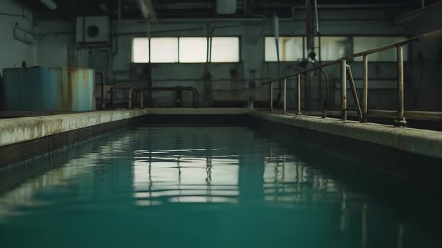 Large rectangular water pool filling an abandoned industrial factory interior, showing decay and neglect with rusted pipes, tanks, and structural elements under dim light