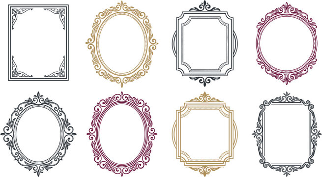 Vintage luxury frames vector set with elegant ornamental borders filigree certificate labels gold decorative wedding invitation square and oval elements