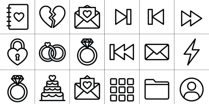 User interface line icon set featuring romantic wedding and love symbols mixed with media control buttons mail envelope folder and profile outline web templates