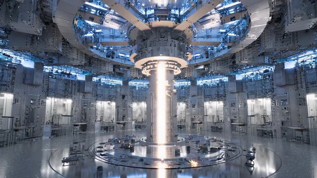 Interior of a high tech facility with a central glowing beam, representing advanced engineering, energy production, and the future of science and technology