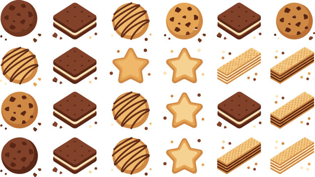 Sweet cookies and biscuits vector set featuring chocolate chip cookies wafer sticks sandwich biscuits and star shaped shortbread icons for bakery menu design elements
