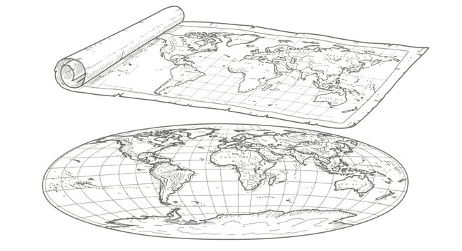 Hand drawn vintage world map sketches on white background