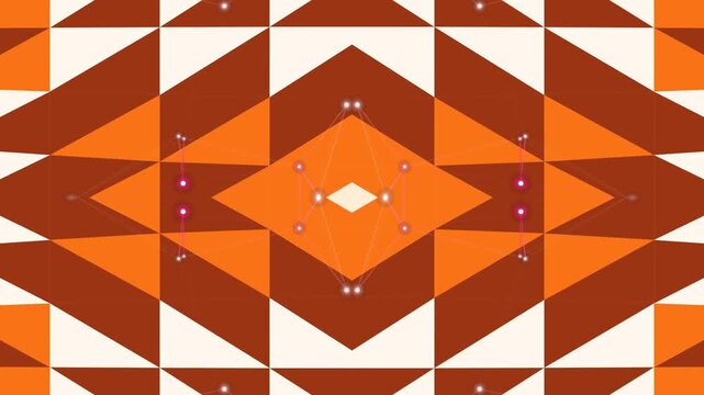 Geometric kaleidoscope of brown and orange triangles creating a symmetrical pattern abstract design with vibrant earth tone color scheme
