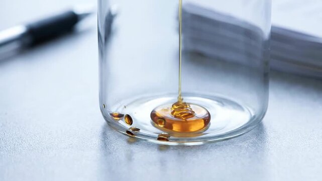 Oil liquid amber drop flow on glass container surface with petroleum industry economic crisis closeup macro viscous fluid reflection near notebook pen