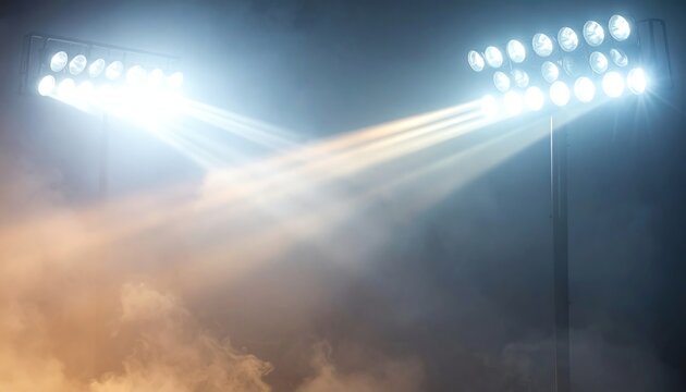 Stadium lights glowing through fog, dramatic beams illuminate night sky, creating atmospheric and intense sports event ambiance for exciting competitions or concerts.
