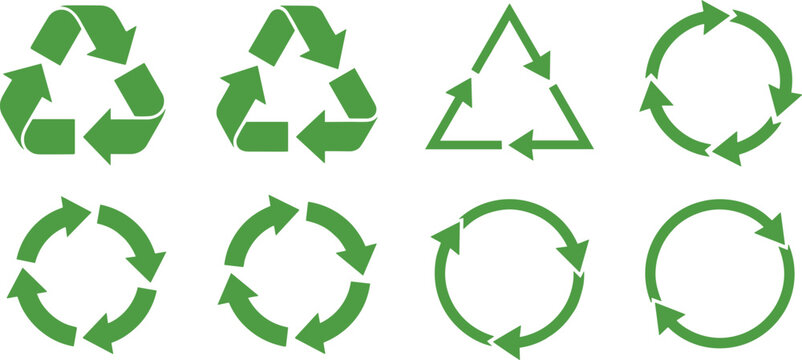 Green recycling symbols and arrow loops vector set with ecological reuse icons circular rotative pointers and triangular sustainability signs for packaging labels
