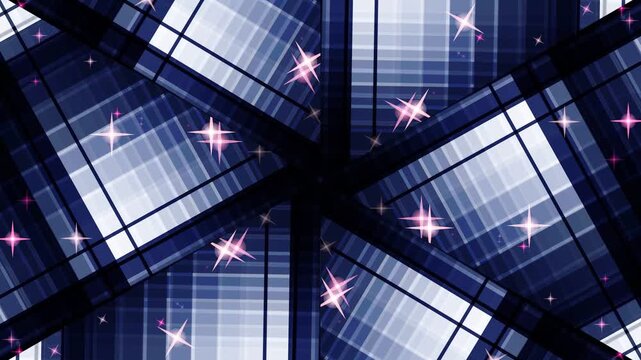 Geometric kaleidoscope pattern with shining stars and blue plaid design creating a mesmerizing and modern abstract background visual effect