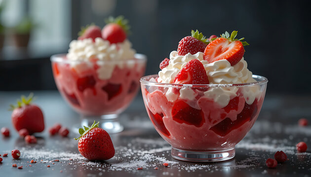 Close-up of two glass dessert bowls filled with layered strawberries, strawberry sauce, and whipped cream topped with halved strawberries placed on dark surface sprinkled with sugar granules and scatt