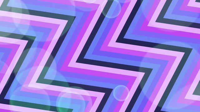 Geometric zig zag pattern with overlapping stripes in shades of purple blue and pink creating an abstract modern background with transparent light orbs