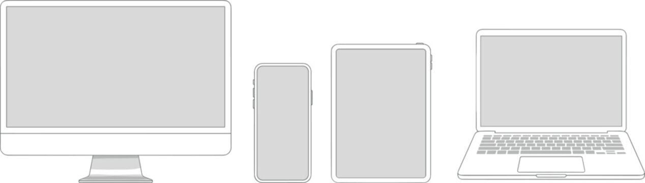 Electronic devices line icon set with computer monitor laptop tablet and smartphone outline vector templates for responsive web design mockups