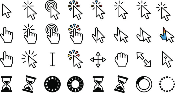 Computer mouse cursor line icon set featuring arrow pointer hand click loading hourglass text beam and drag navigation website interface symbols