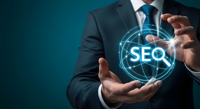Seo optimization concept man holding digital globe with seo text