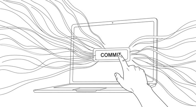 Hand pressing commit button on laptop with abstract waves