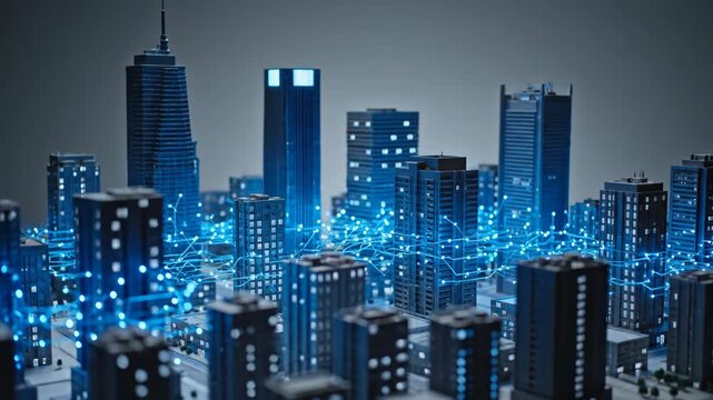 Smart City Miniature Model with Glowing Digital Data Streams Representing Connectivity and Future Urban Technology Infrastructure