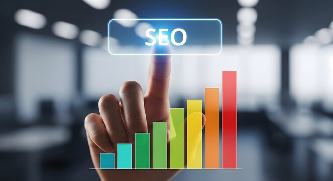 Seo optimization hand touching growth chart for search engine ranking