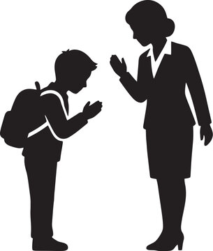 Student bowing to teacher vector icon, education concept art, simple flat illustration, isolated on transparency grid background.