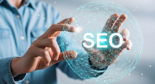 Seo optimization concept hand interacting with digital network globe