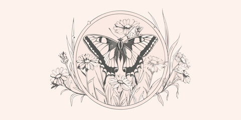 Butterfly And Floral Arrangement A Detailed Line Illustration © Sukla