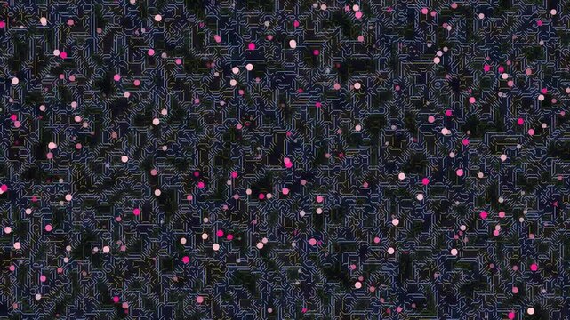 Intricate dark circuit board pattern with neon blue traces and scattered pink dots creating a complex technological backdrop for digital themes