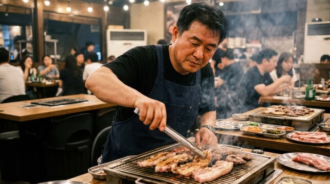 A close-up of a grill master (usually the restaurant owner or server) tending to multiple tables, flipping meat with long tongs, checking doneness.