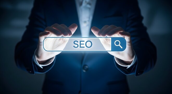 Seo optimization concept man holding search bar with seo keyword