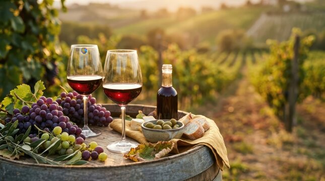 Two glasses of red wine with grapes and cheese on a barrel in a vineyard at sunset