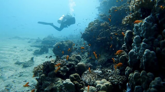 Tracking shot through clear sunny underwater conditions showing a scuba diver, coral reef and orange reef fish in Marsa Alam, Egypt, with a calm tropical mood.