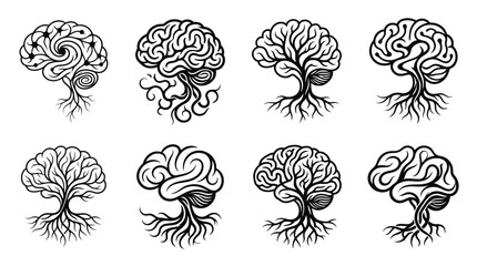 Brain Tree Silhouette Icons: Growth, Ideas, Mind and Nature Fusion © Labib