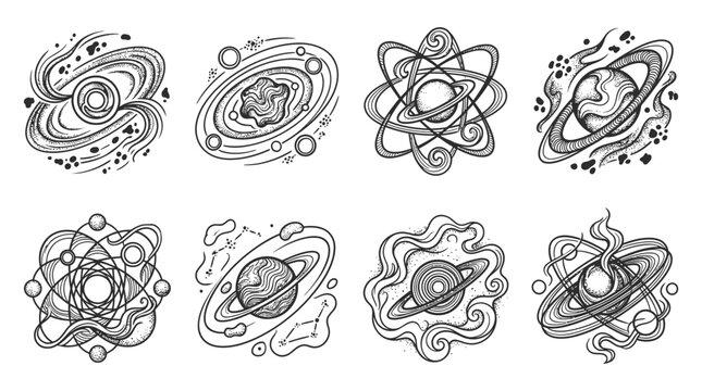 Hand-drawn Cosmic Elements: Planets, Galaxies, Orbits, Atoms