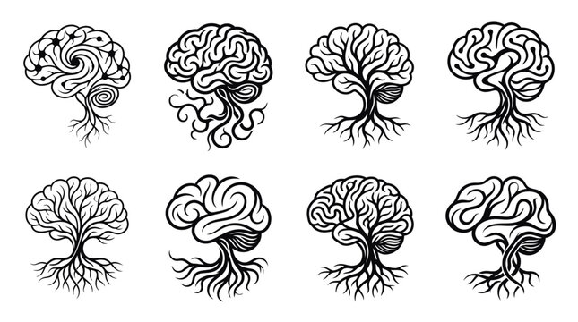 Brain Tree Silhouette Icons: Growth, Ideas, Mind and Nature Fusion