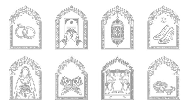 Islamic Wedding Symbols Vector Icons: Rings, Quran, Henna, Lantern, Shoes, Bride
