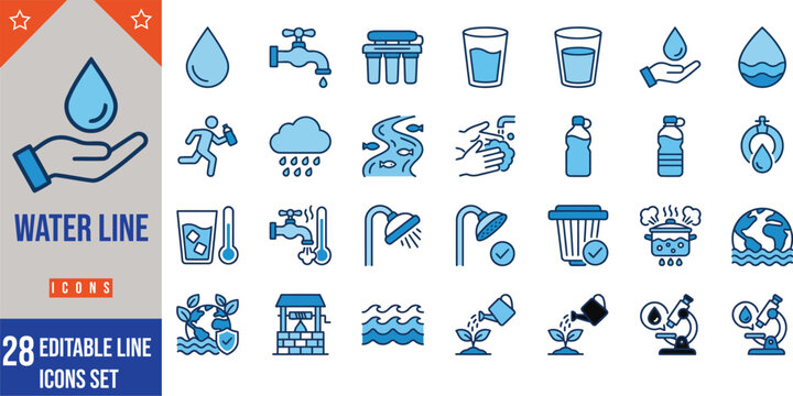 Water line icons set editable blue line illustrations