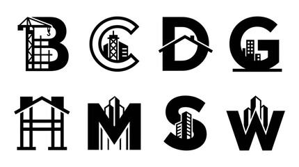 Construction Company Logos: Letters B, C, D, G, H, M, S, W with Buildings © Labib