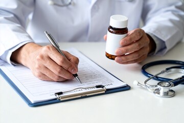 Fototapeta premium Doctor Prescribing Medication with Clipboard and Stethoscope