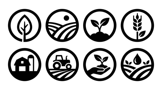 Agriculture Icons: Farming, Plants, Crops, Tractor, Barn, Seedling, Water Drops