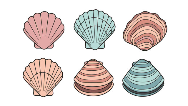 Collection of six colorful scallop shells in a flat design style, isolated on a white background.