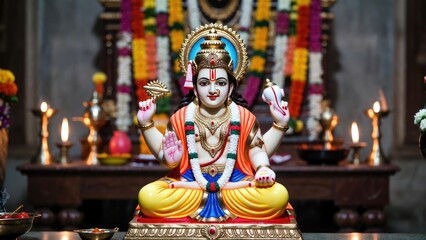 Naklejka premium Spiritual atmosphere close-up of lord vishnu in colorful indian temple