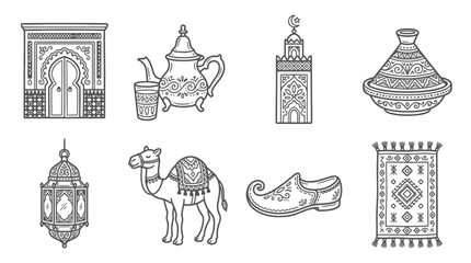 Obraz premium Moroccan Islamic culture icons: Camel, Tajine, Minaret, Lantern, Carpet, Door