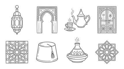 Moroccan Icons: Lantern, Arch, Tea, Tajine, Fez Hat, Patterns © Labib