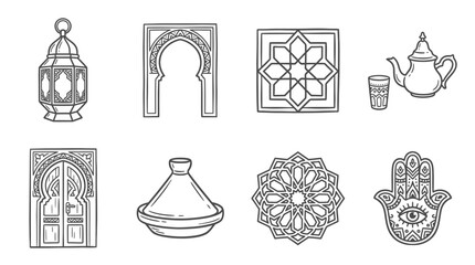 Moroccan Icons: Lantern, Arches, Geometric Patterns, Tea Set, Tagine, Hamsa Hand © Labib