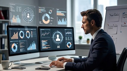 Obraz premium Businessman analyzing ai data trends in modern office environment with gigapixel art scale