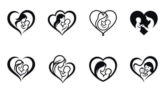 Mother and Child Heart Silhouettes - Love, Family, Care, Nurturing Icons