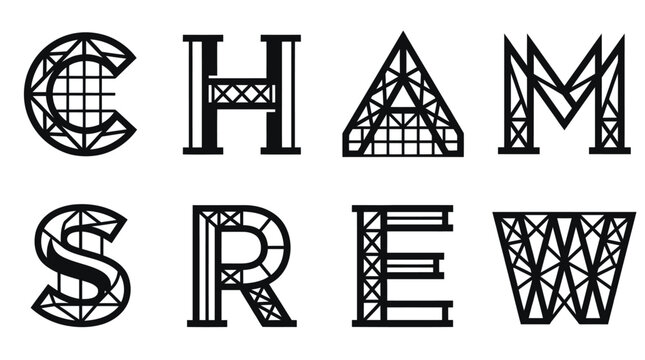 Geometric Font Letters "CHAM" and "SREW" with Eiffel Tower Inspired Structure