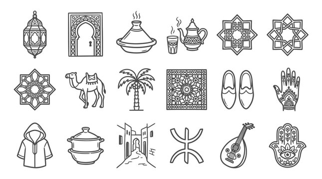 Moroccan Culture Icons: Ramadan Lantern, Camel, Tajine, Tea, Symbols