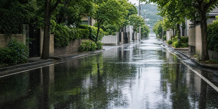雨上がりの濡れた道と木の反射