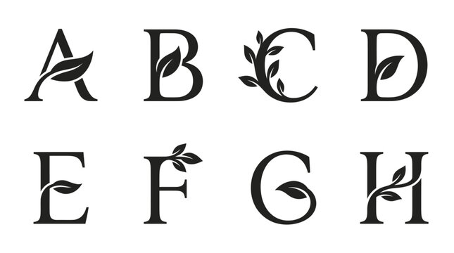 Elegant Alphabet Letters with Leafy Decorations - A to H