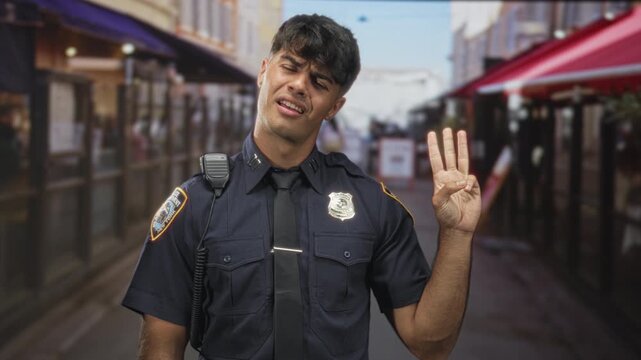 Young hispanic man police officer shows peace sign with raised hand, badge and radio visible on a busy street lined with shops and awnings; youthful confidence.