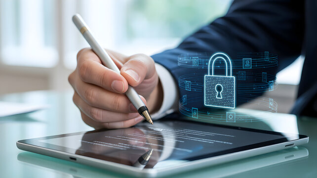 Businessman signing digital document on tablet with holographic security lock icon representing data protection and cybersecurity
