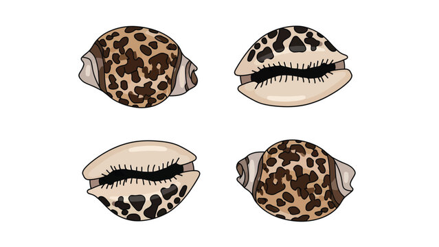 Four detailed illustrations of tiger cowrie shells, showcasing their unique spotted patterns and openings.