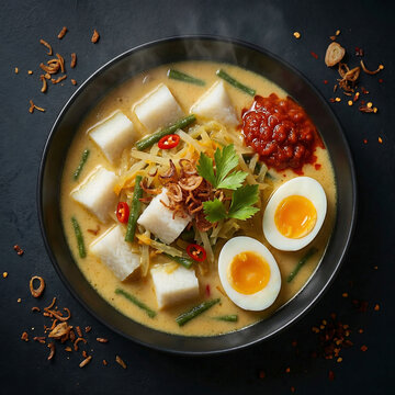 A top-down view, flat lay, of lontong sayur labu siam served on a black bowl, topped with fried onion